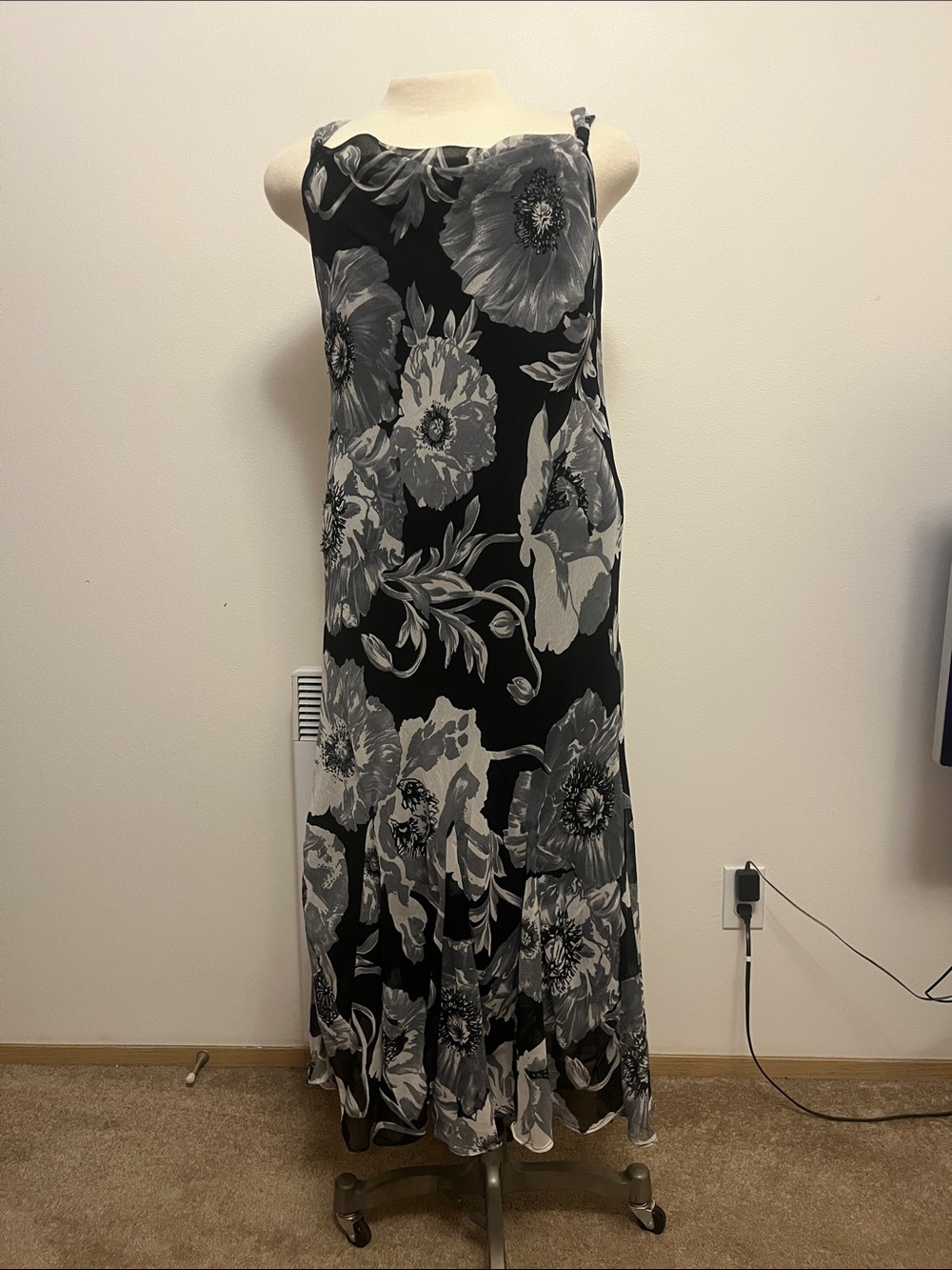Black Floral Maxi Dress with Gray Blooms